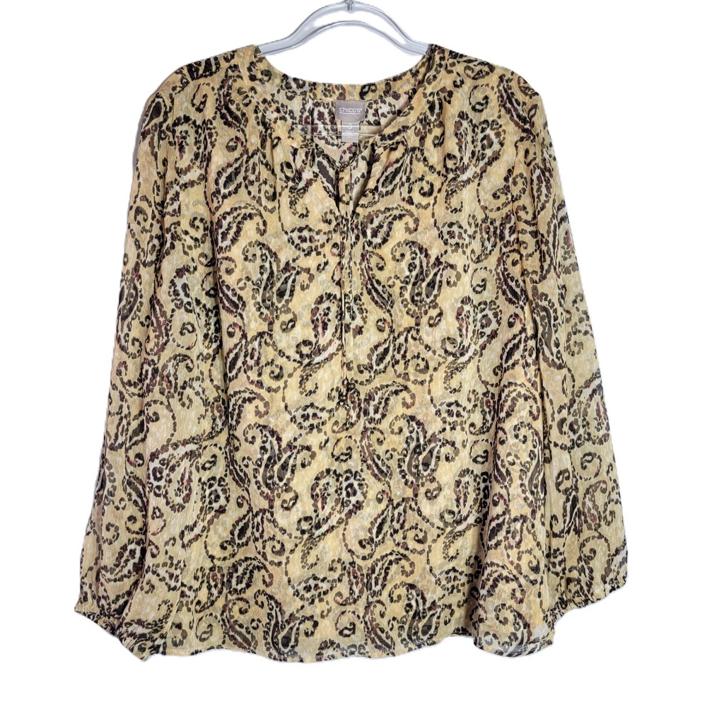 Chicos Womens Tan Brown Paisley Print‎ Long Sleeve Blouse Top Size 3 Large